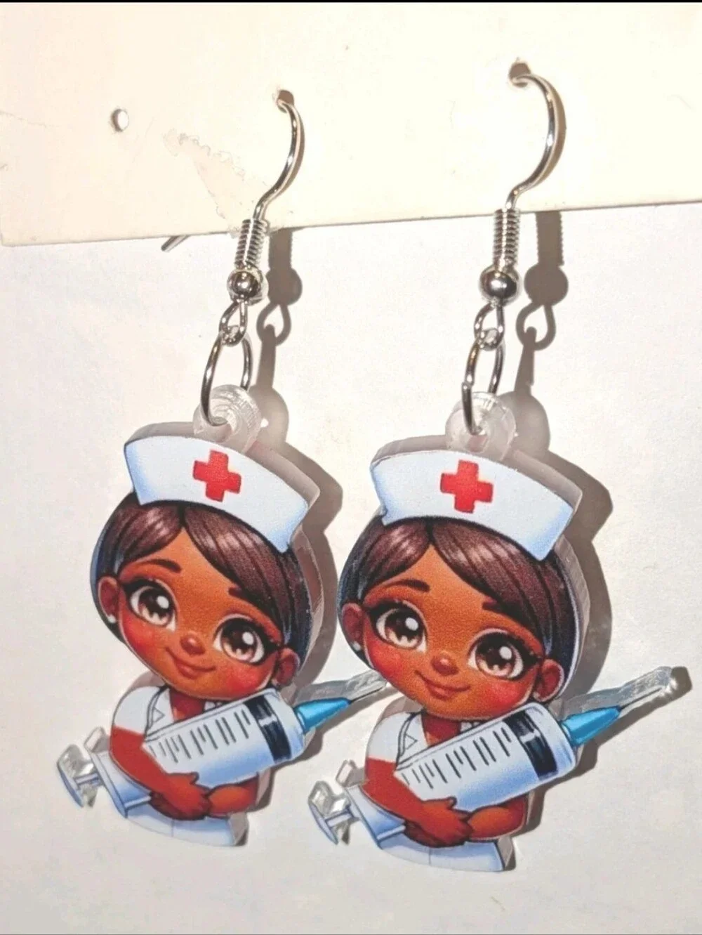 Hand Crafted Cute Nurse Acrylic Dangle Earrings - Brown Skin, White & Red